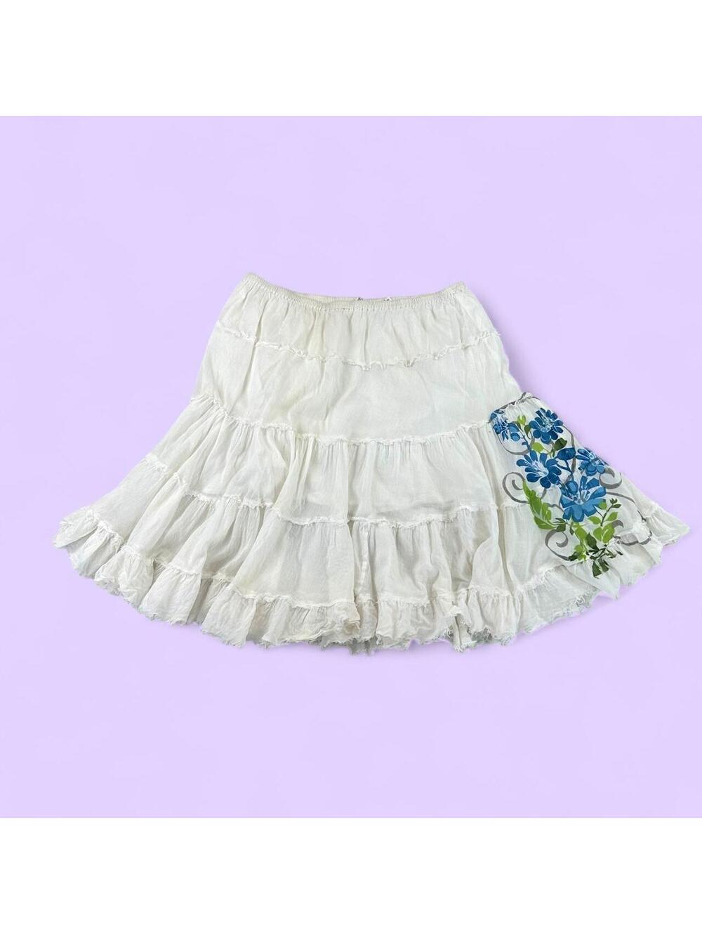 Derek Heart White Tiered Short Boho Skirt with Blue & Green Floral Design - L